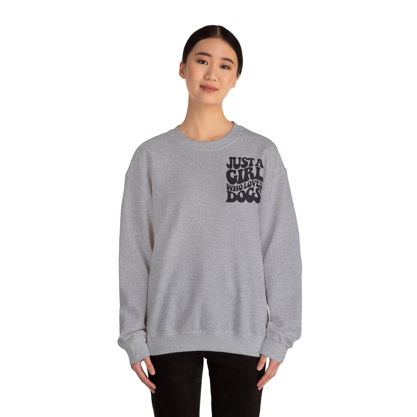 Backprint Heavy Blend™ Crewneck Sweatshirt "Just a Girl who loves Dogs"