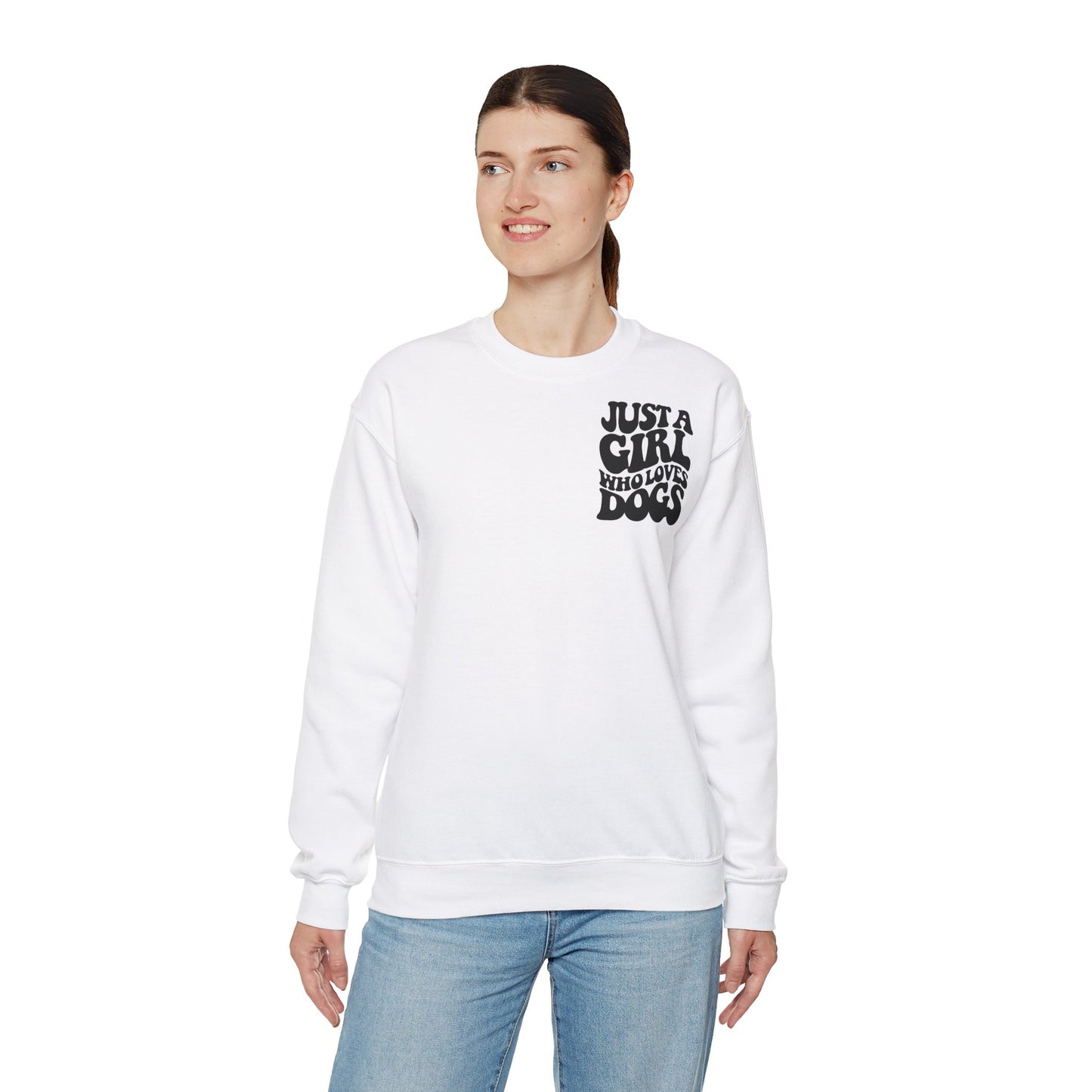 Backprint Heavy Blend™ Crewneck Sweatshirt "Just a Girl who loves Dogs"