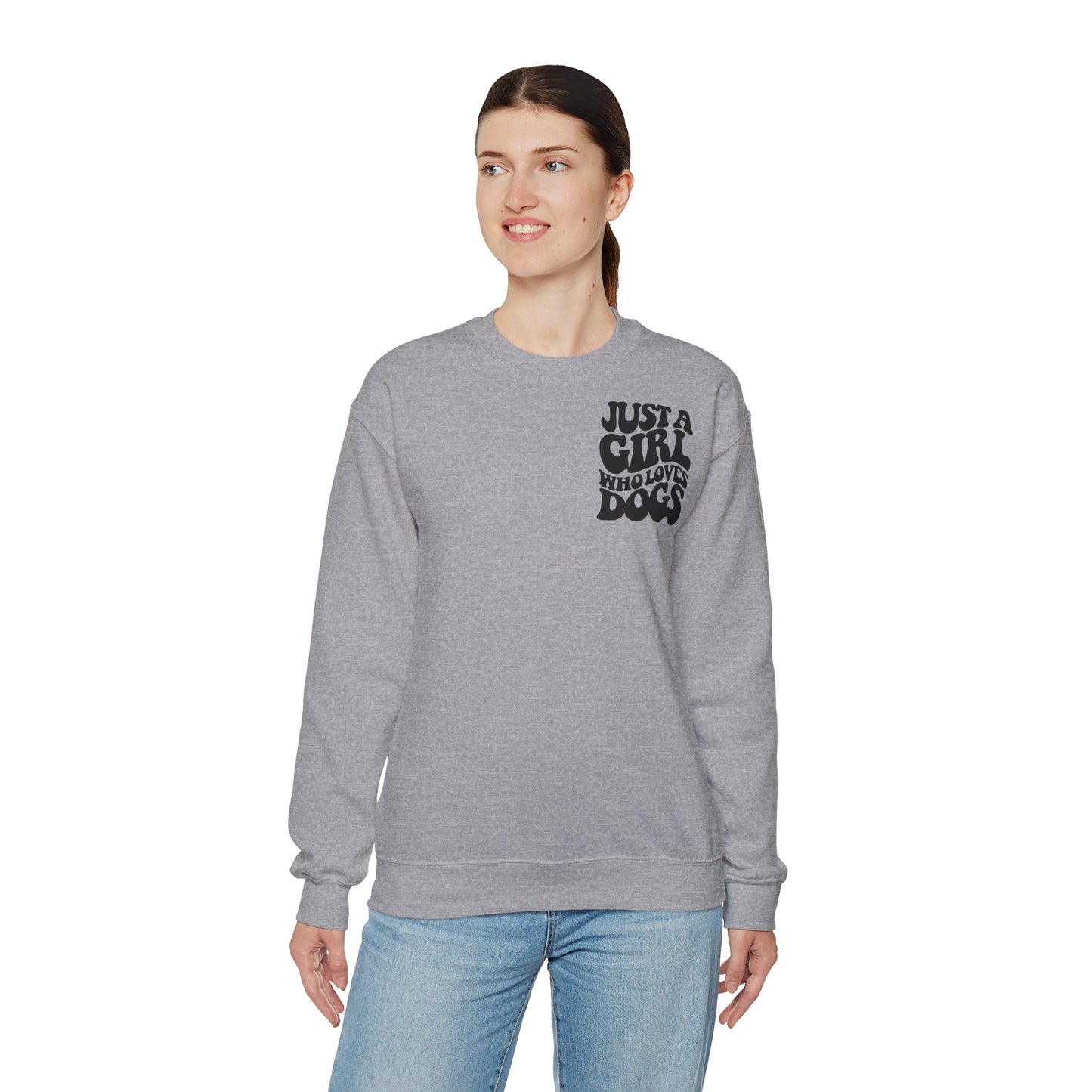 Backprint Heavy Blend™ Crewneck Sweatshirt "Just a Girl who loves Dogs"