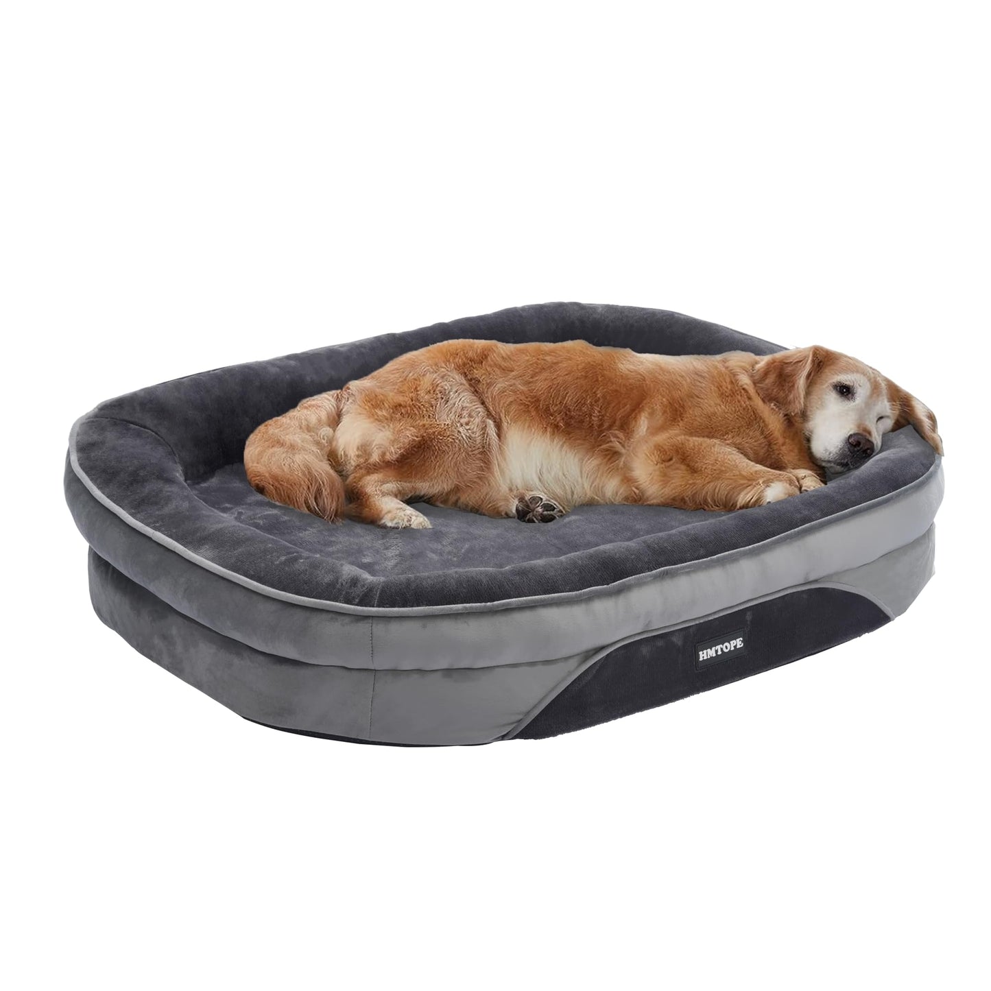 HMTOPE Orthopädisches Hundebett, Hundesofa, Vierseitiges Nackenrolle Kissen, rutschfeste Unterseite Hundekorb, Abnehmbar und Waschbar, Mittelgroße Hunde, Grosse Hunde, 106 x 79 x 17 cm, Dunkelgrau