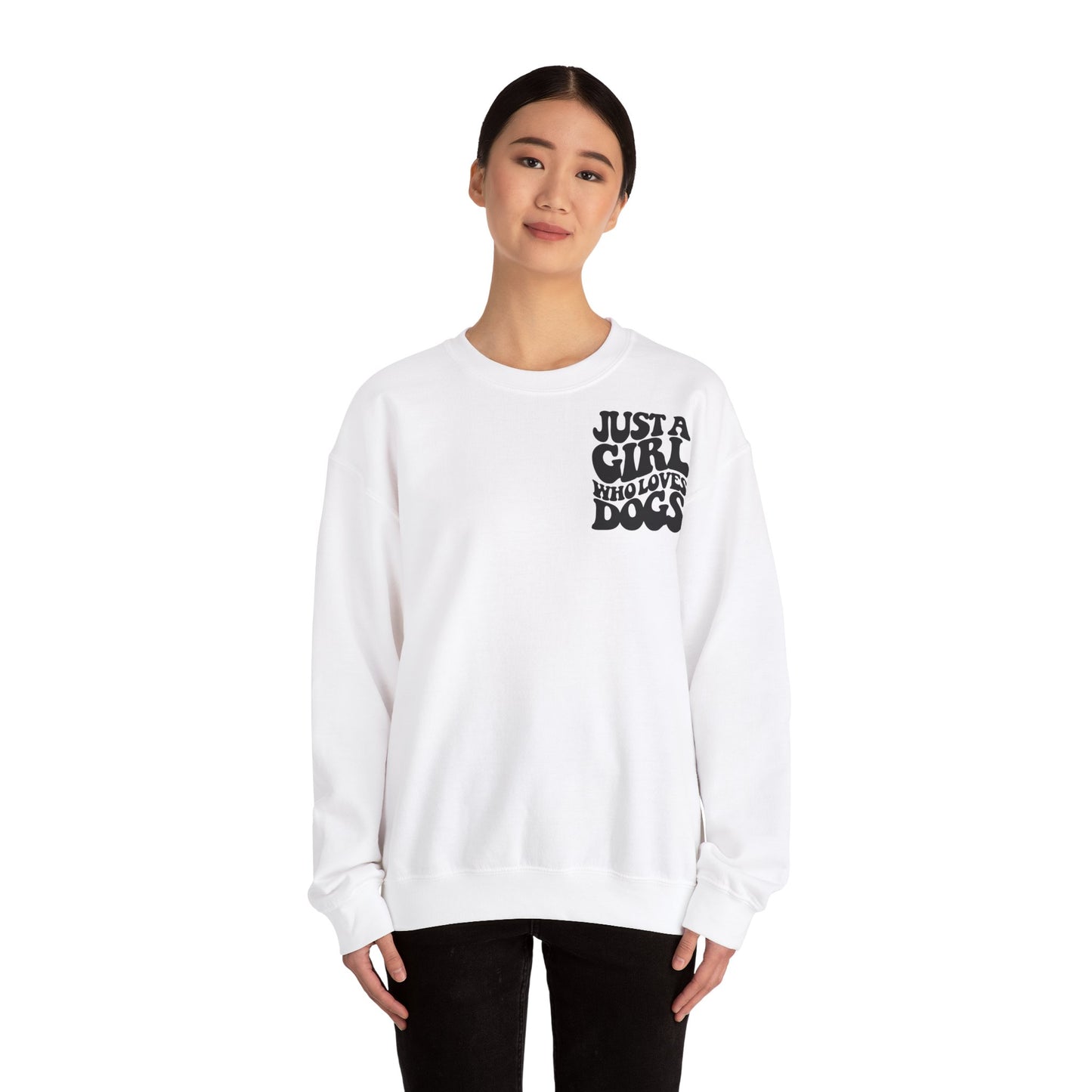 Backprint Heavy Blend™ Crewneck Sweatshirt "Just a Girl who loves Dogs"