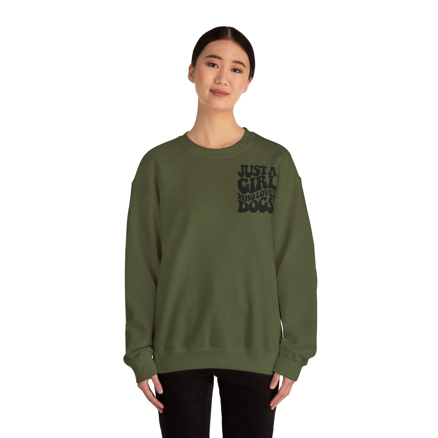 Backprint Heavy Blend™ Crewneck Sweatshirt "Just a Girl who loves Dogs"