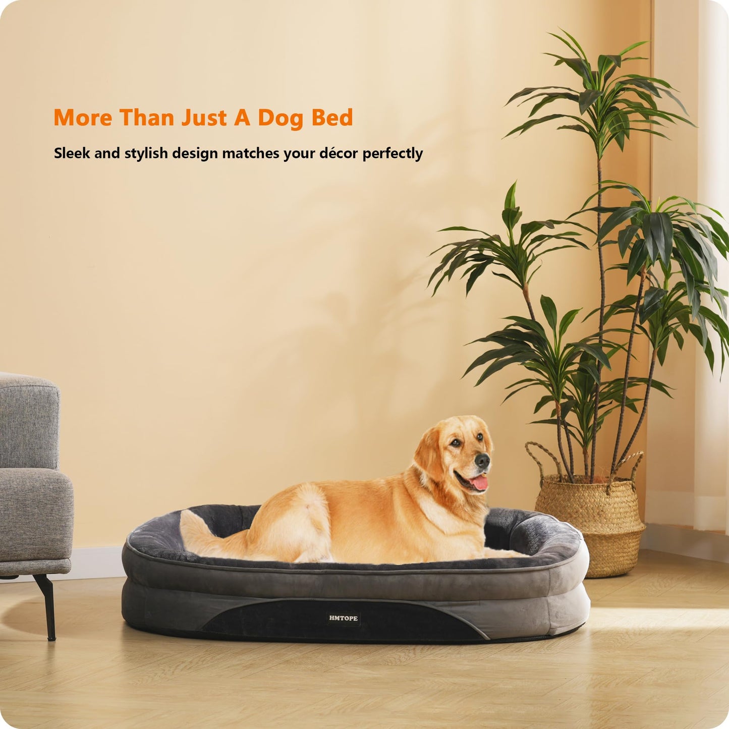 HMTOPE Orthopädisches Hundebett, Hundesofa, Vierseitiges Nackenrolle Kissen, rutschfeste Unterseite Hundekorb, Abnehmbar und Waschbar, Mittelgroße Hunde, Grosse Hunde, 106 x 79 x 17 cm, Dunkelgrau