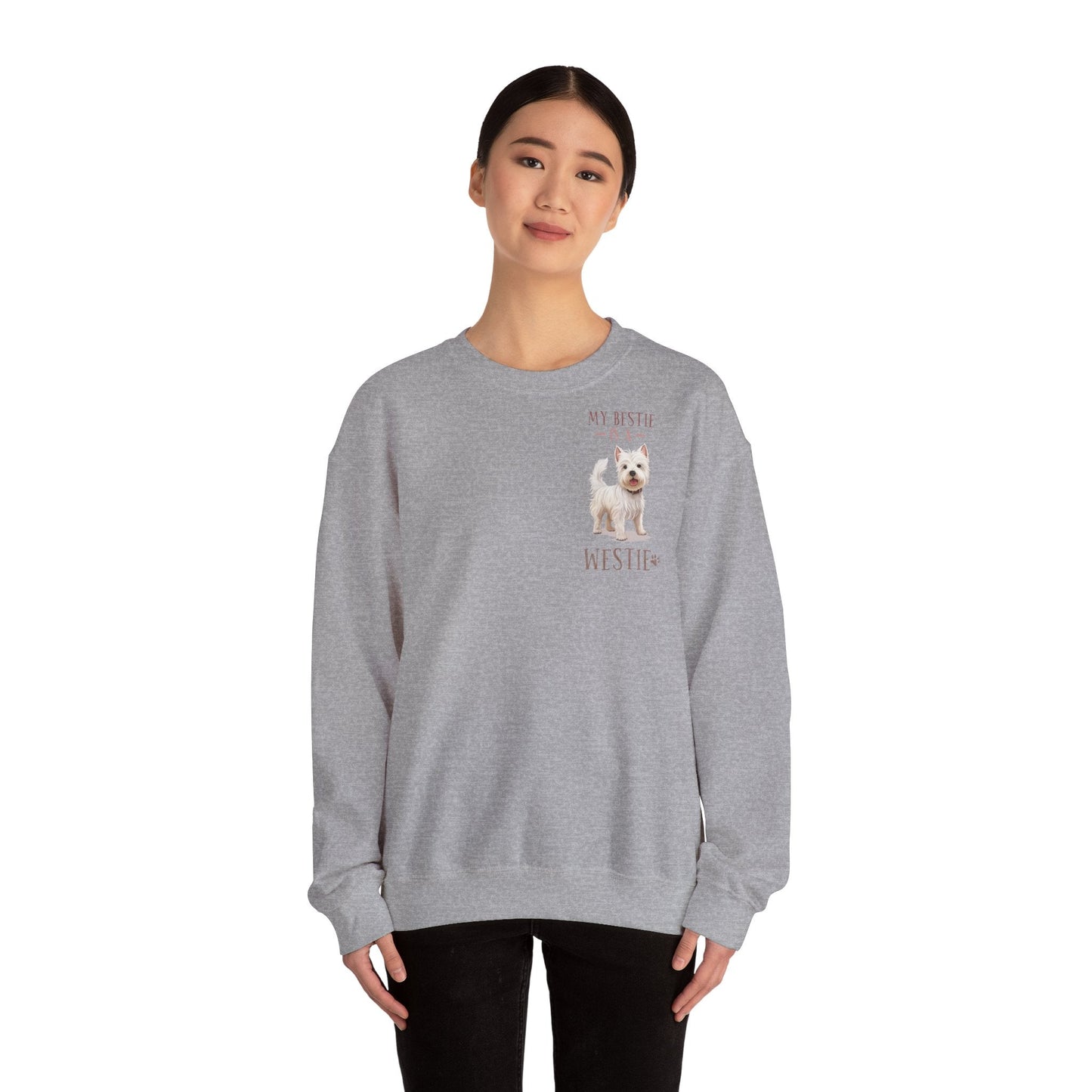 Backprint Heavy Blend™ Crewneck Sweatshirt "My Bestie is a Westie" - PAWZLOVE