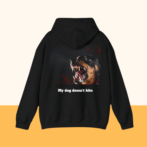 Backprint Heavy Blend™ Hooded Sweatshirt "My dog doesn't bite" - PAWZLOVE