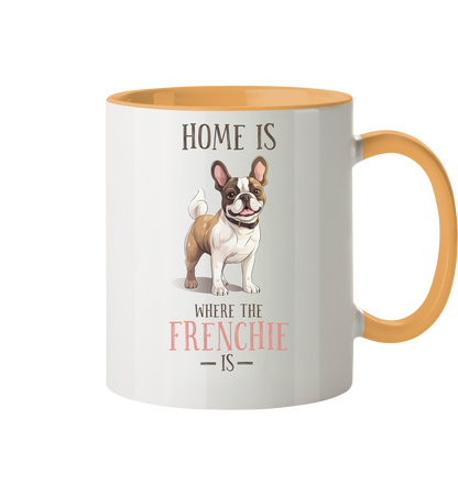 Zweifarbige Tasse "Home is where the Frenchie is" Farbe: Goldgelb| Pawzlove